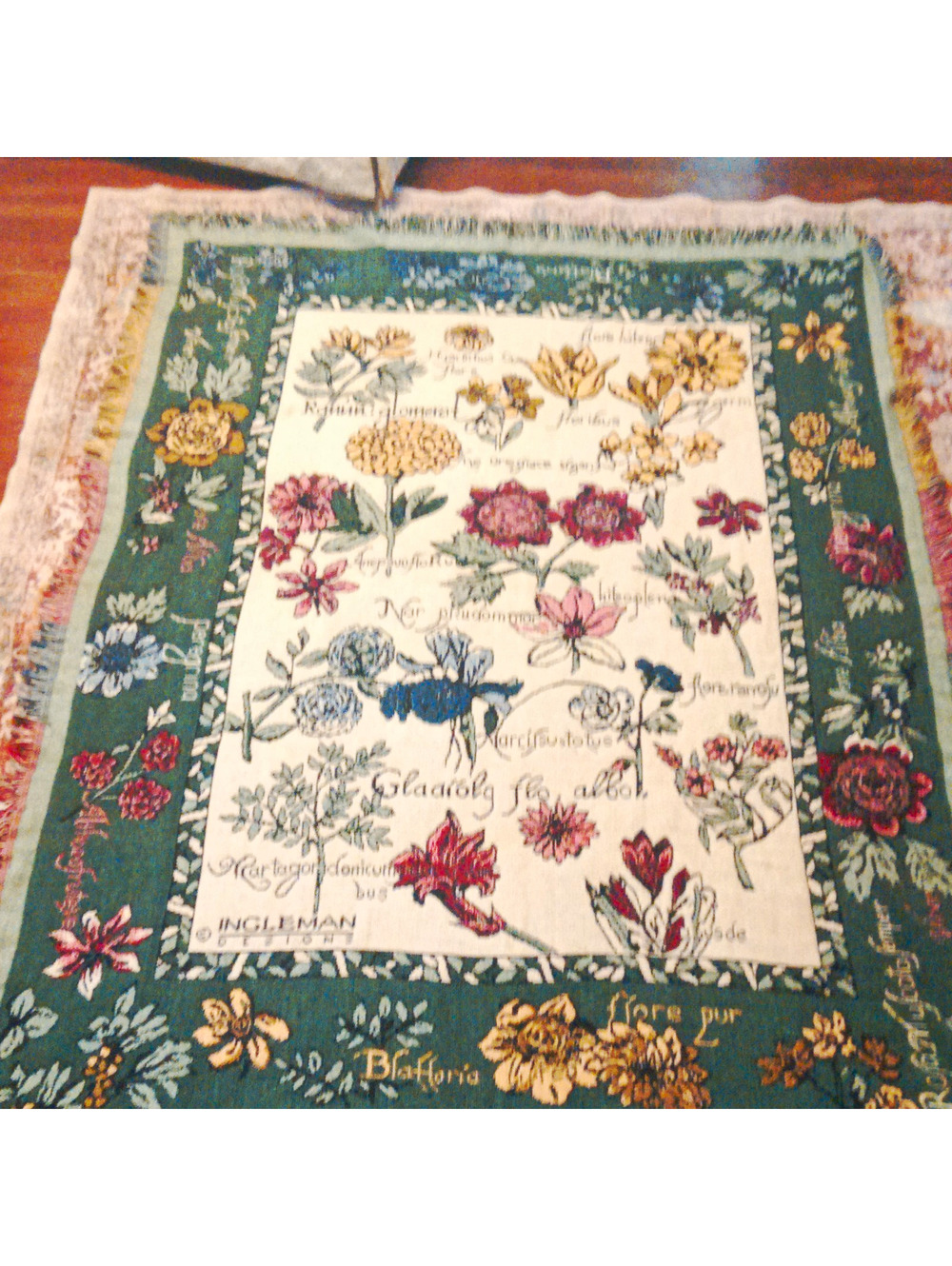 Goodwin Weavers Floral Botanical 100% Cotton USA Fringed Green Tapestry #99400